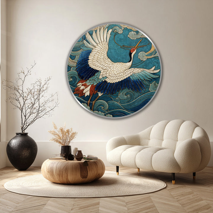 Sweeping ocean waves and a soaring crane in this round oil painting decoration evokes a graceful sense of movement, with the bird's wings cutting through the turquoise sky.