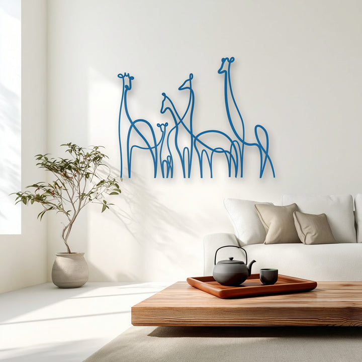 The bright, balanced color temperature of this modern room highlights the vibrant azure minimalist giraffe family line art, a stunning metal artwork.