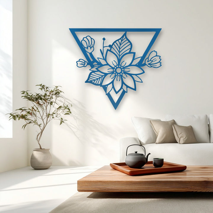 The negative space brilliantly outlines the geometric floral blossom within the modern triangle frame, creating a striking decoration wall art piece.