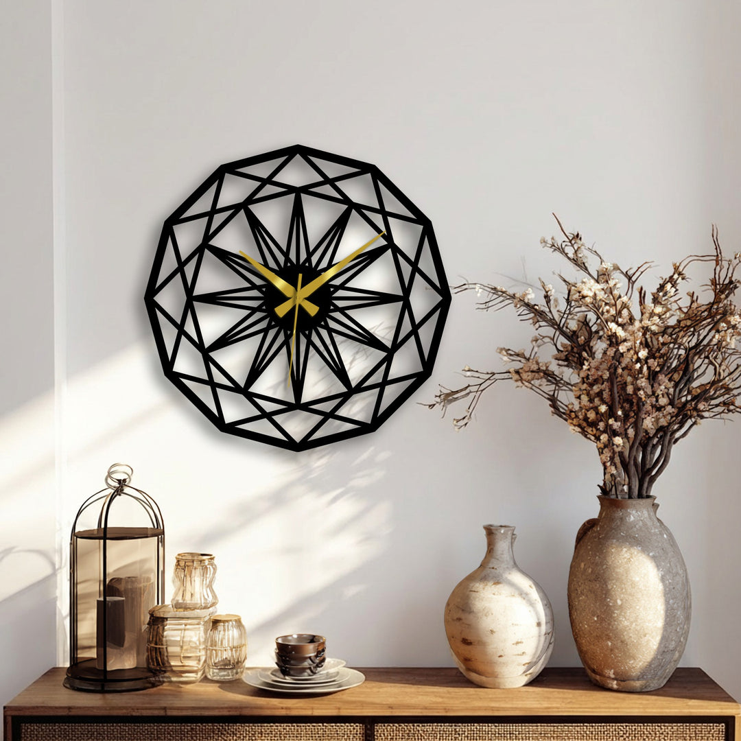 The geometric metal wall clock showcases a striking star pattern with its unique metal wall art creating distinct edges and borders against the wall.