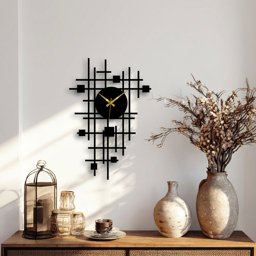The stillness of the room is accentuated by the geometric abstract grid metal artwork clock, its linear design a calm contrast to the organic vase arrangements.
