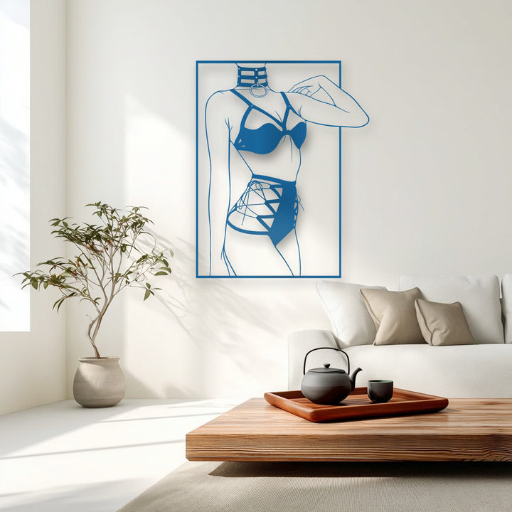 The superior material quality of this vibrant blue minimalist female silhouette metal art for wall showcases a sleek, modern line design.