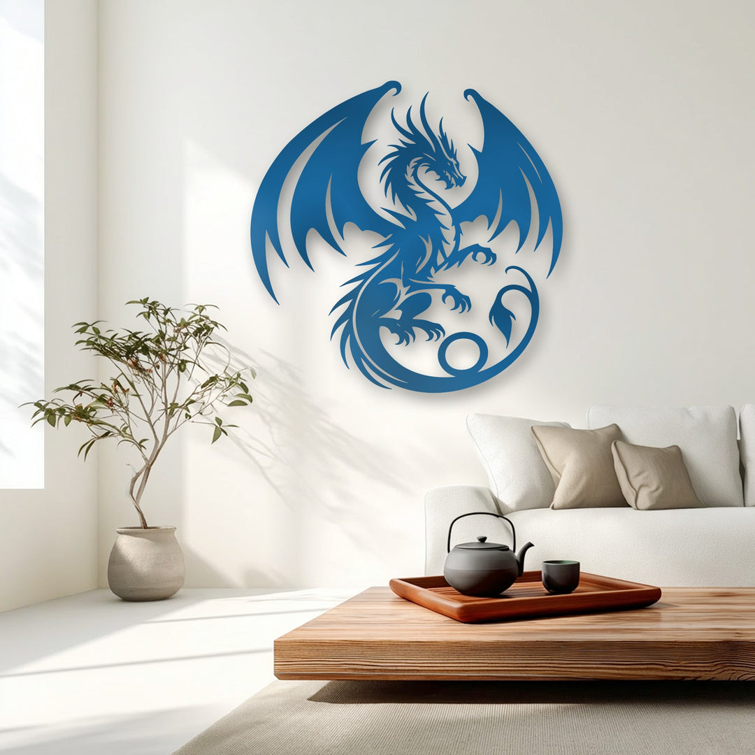 A majestic azure dragon with intricately spread wings crafted as a striking metal decoration wall art piece on a bright white wall.