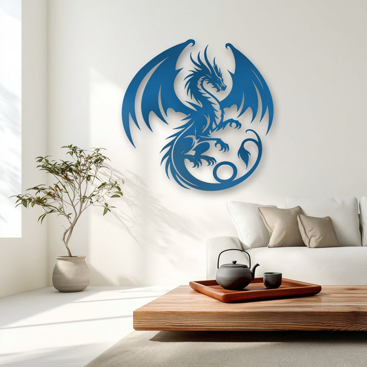 A majestic azure dragon with intricately spread wings crafted as a striking metal decoration wall art piece on a bright white wall.