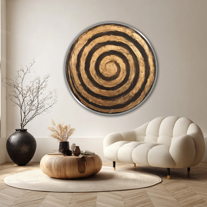 Highlighting the layering effect, this golden ripple abstract wooden oil painting art displays depth through its concentric circles, a striking piece of modern oil painting art.