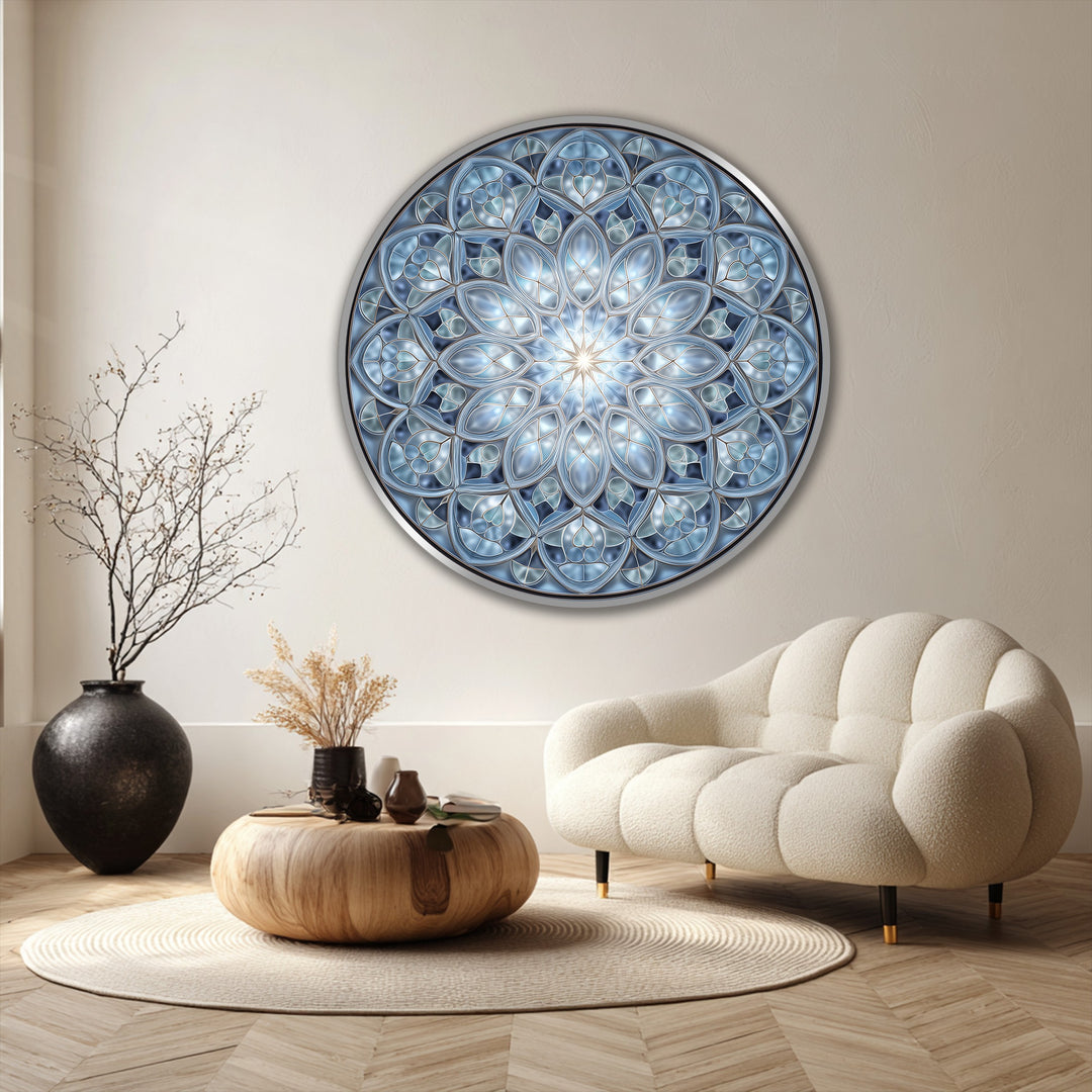 Softest highlights illuminate the central starburst in this serene crystal harmony blue mandala round oil painting art piece, casting a gentle glow throughout.