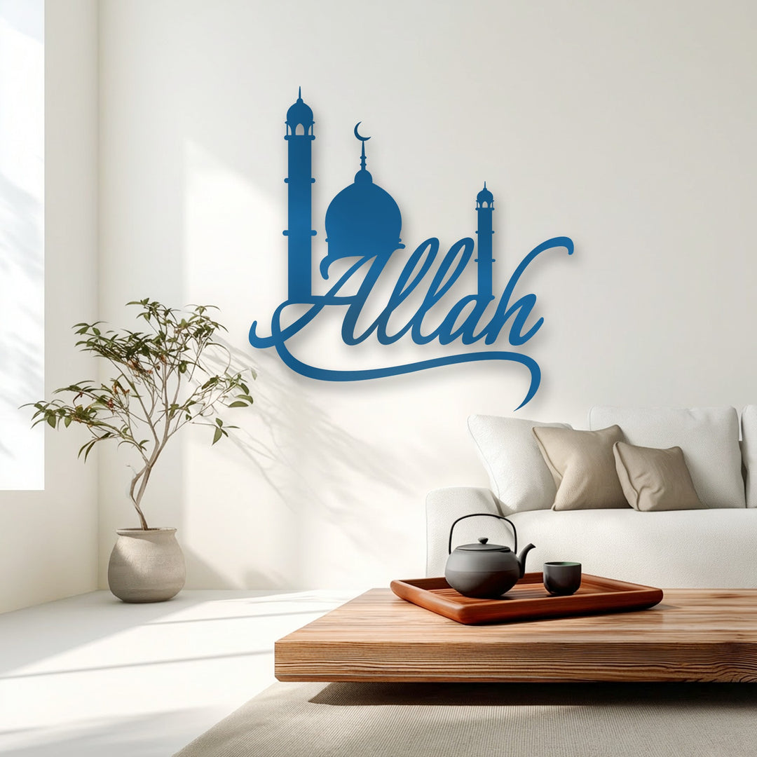 The crisp edges of the azure Allah calligraphy and mosque silhouette metal artwork are precisely cut, enhancing its striking presence on the wall.