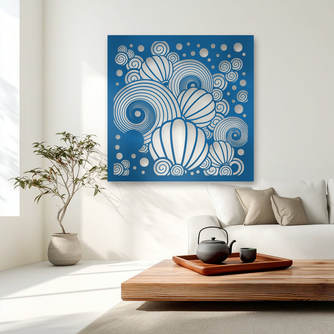 Cool-toned light illuminates a modern space featuring a vibrant blue abstract balloon and spiral metal art for wall with lustrous silver details.