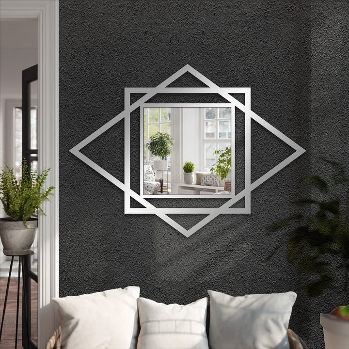 Silver finish enhances the decoration wall art look of this Diamond Harmony geometric square wall mirror, adding a bold, modern touch.