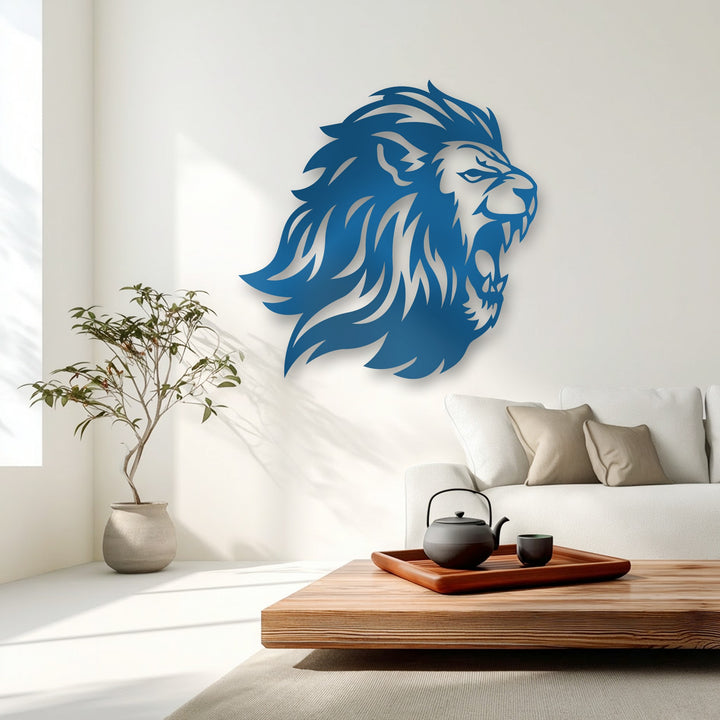 A minimalist white wall, subtly illuminated by natural light, elegantly showcases the Roaring Lion Head unique metal wall art.