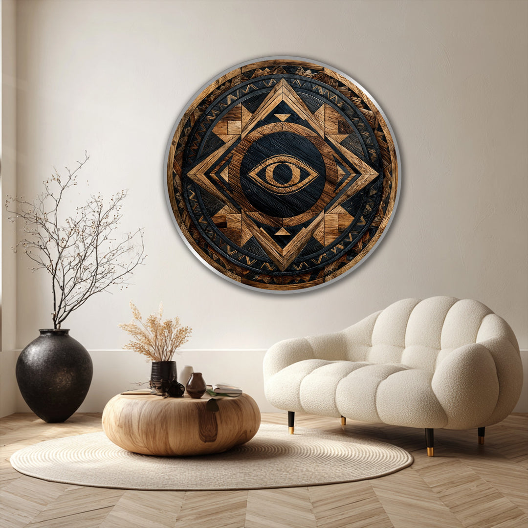 The darkest area in this tribal guardian eye modern oil painting art accentuates the rustic geometric round design, creating a bold, textured look.
