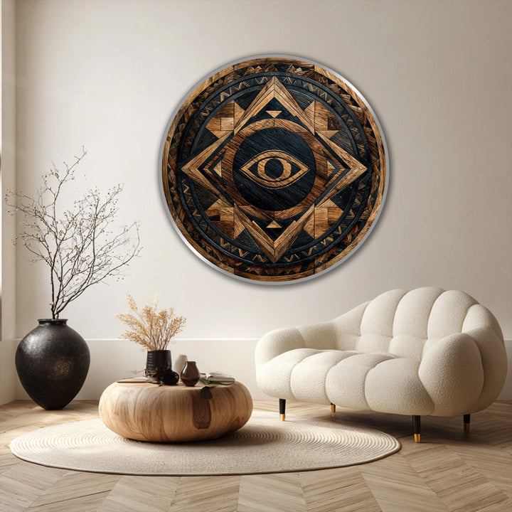 The darkest area in this tribal guardian eye modern oil painting art accentuates the rustic geometric round design, creating a bold, textured look.
