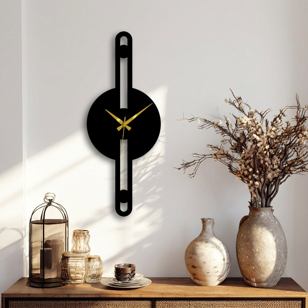 Sunlight creates strong shadows and highlights on this minimalist vertical line metal wall clock, showcasing its unique metal wall art construction and geometric design.