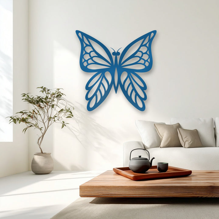 The elegant azure metal butterfly decoration wall art exhibits a stunning layering effect with its dimensional design casting a subtle shadow on the wall.