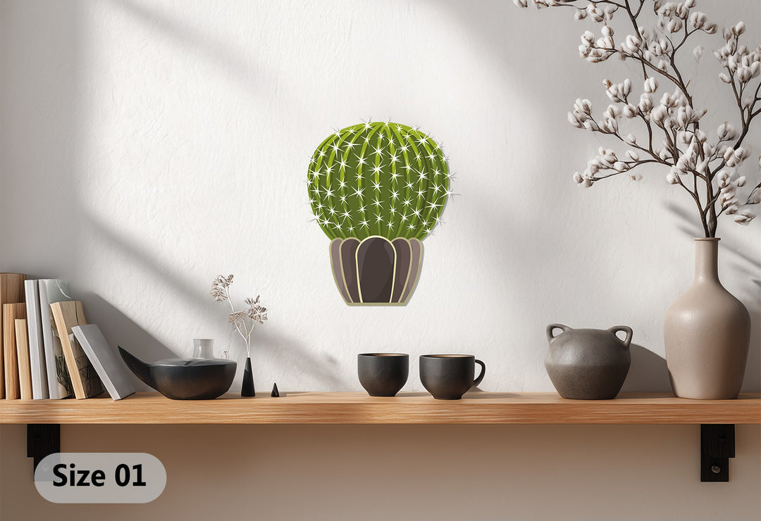 Brightest spines of the Prickly Sphere cactus create a striking contrast against the shadowed pot in this unique metal wall art, offering eye-catching desert decor.