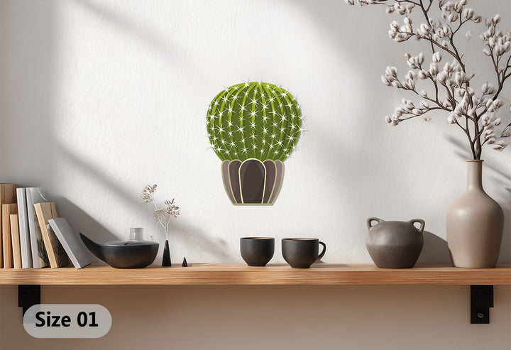 Brightest spines of the Prickly Sphere cactus create a striking contrast against the shadowed pot in this unique metal wall art, offering eye-catching desert decor.
