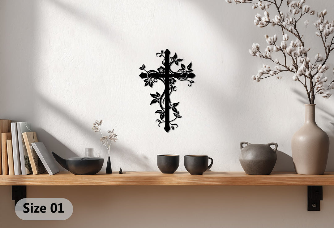 Floral Grace Cross – Elegant Christian Metal Wall Art for Home Décor