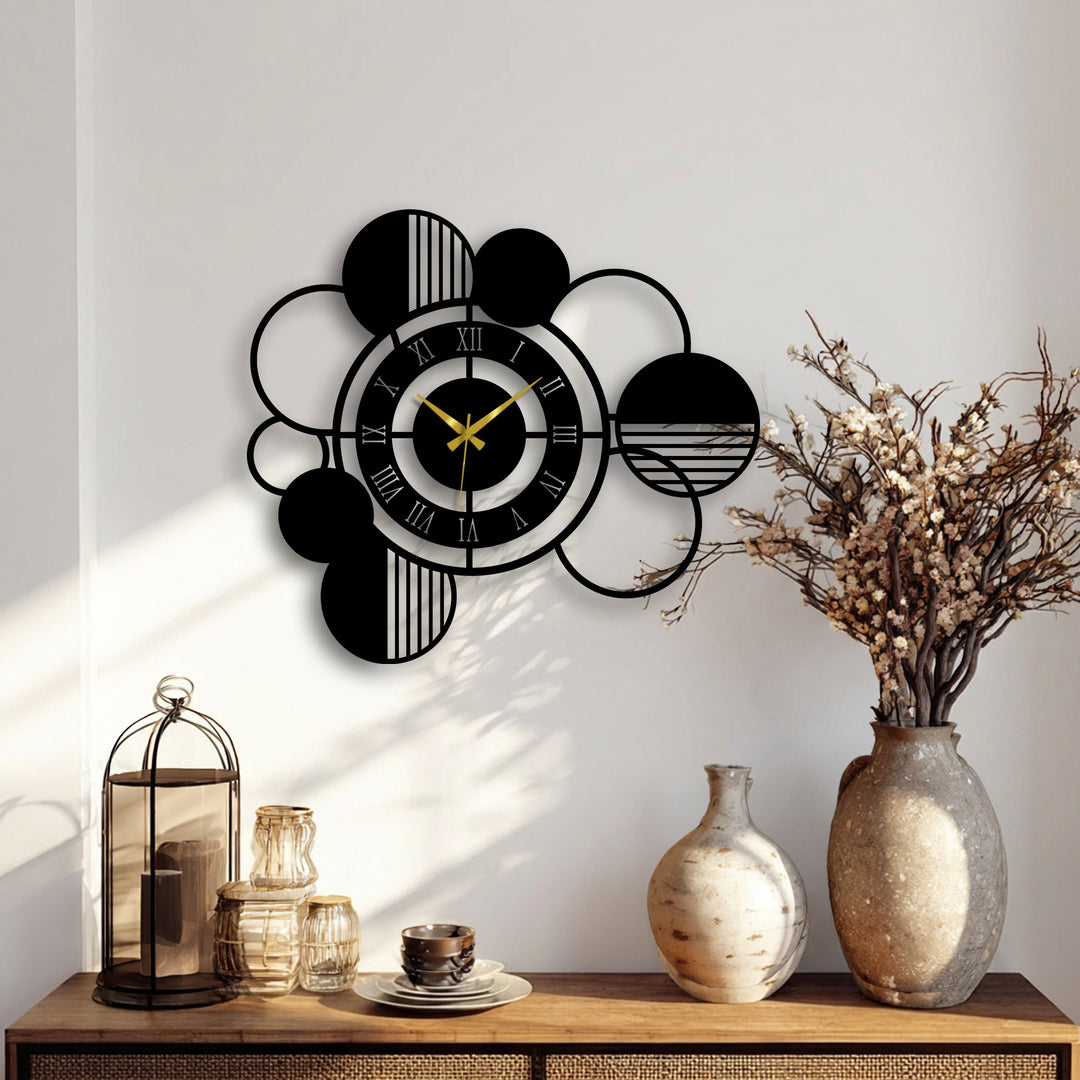 Horizontally oriented, circular metal wall decor featuring an abstract clock with Roman numerals, offering a striking geometric shape.