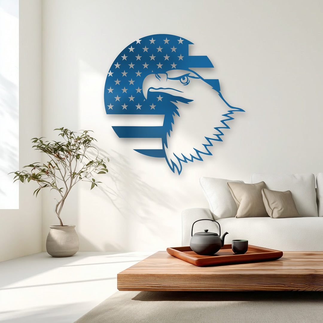 The focal point showcases a patriotic eagle emblem and American flag, an exquisite example of unique metal wall art on a bright white wall.