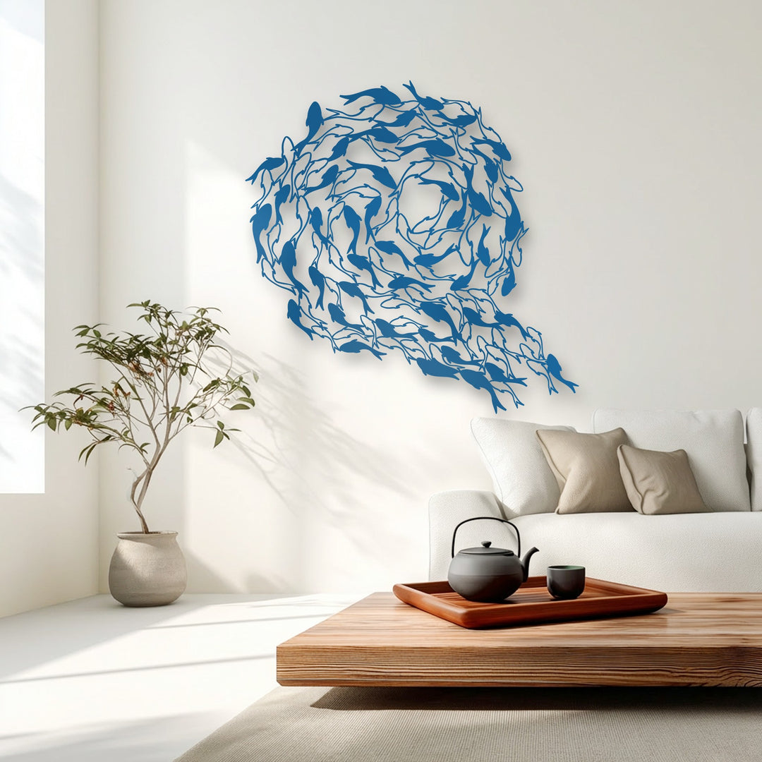 The intricately crafted metal wall art showcases exceptional material quality, forming a flowing circle of azure koi fish as a decoration wall art piece.