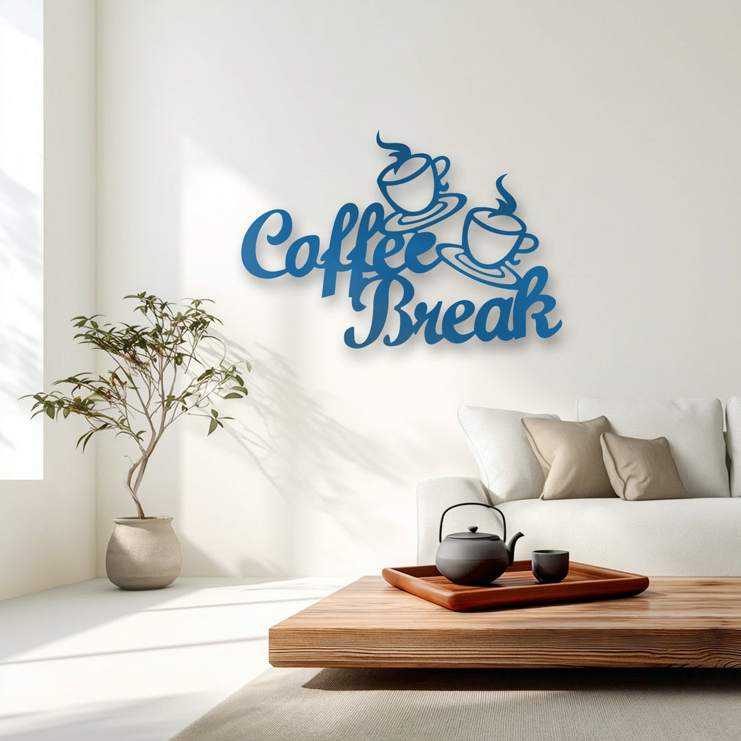 Showcasing exceptional material quality, this unique metal wall art presents a vibrant blue 'Coffee Break' script with steaming cup motifs.