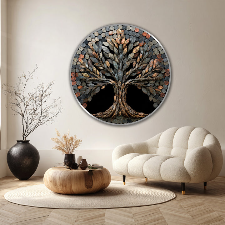 Framed by a sleek, reflective border, this round, rustic coin tree oil painting art prints features a detailed edge blending industrial and natural elements.