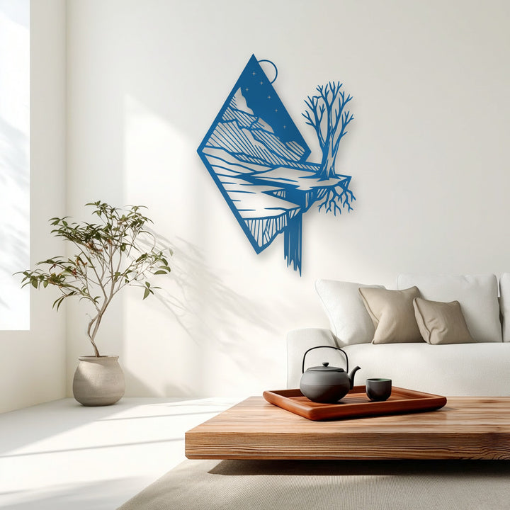 Light and shadow interplay dynamically around the intricate blue decorative metal art featuring a floating mountain, tree, and river design.
