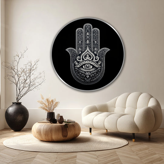 Subtle light and shadow play across the intricate details of this sacred protection monochrome hamsa eye round oil painting wall art, enhancing its depth.