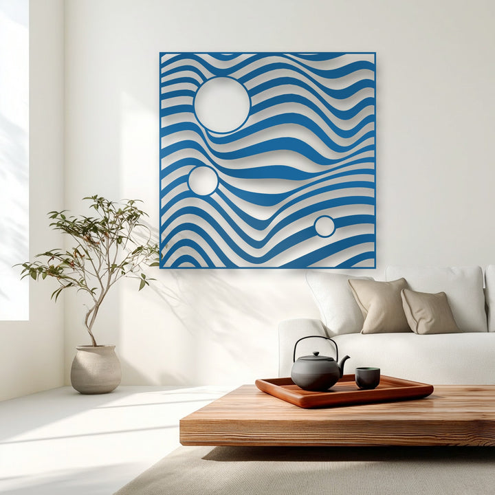 Flowing undulations and dynamic geometric circles create a striking sense of movement in this unique metal wall art piece.