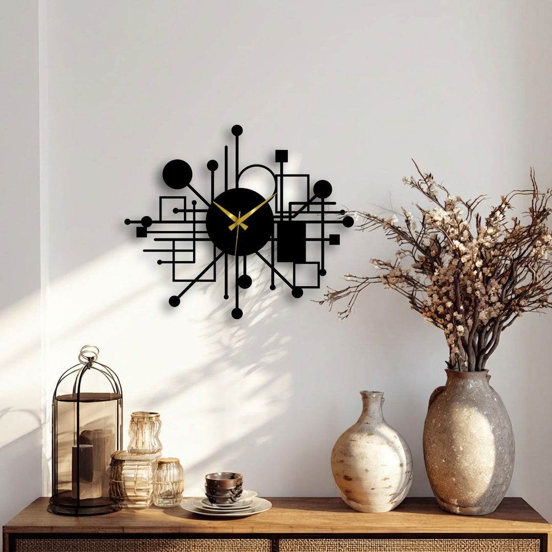 The calm mood is evoked by the abstract network metal artwork clock, its geometric lines casting soft shadows on the wall.
