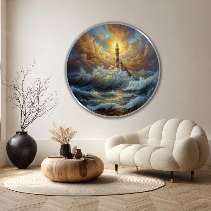 glowing lighthouse sea painting