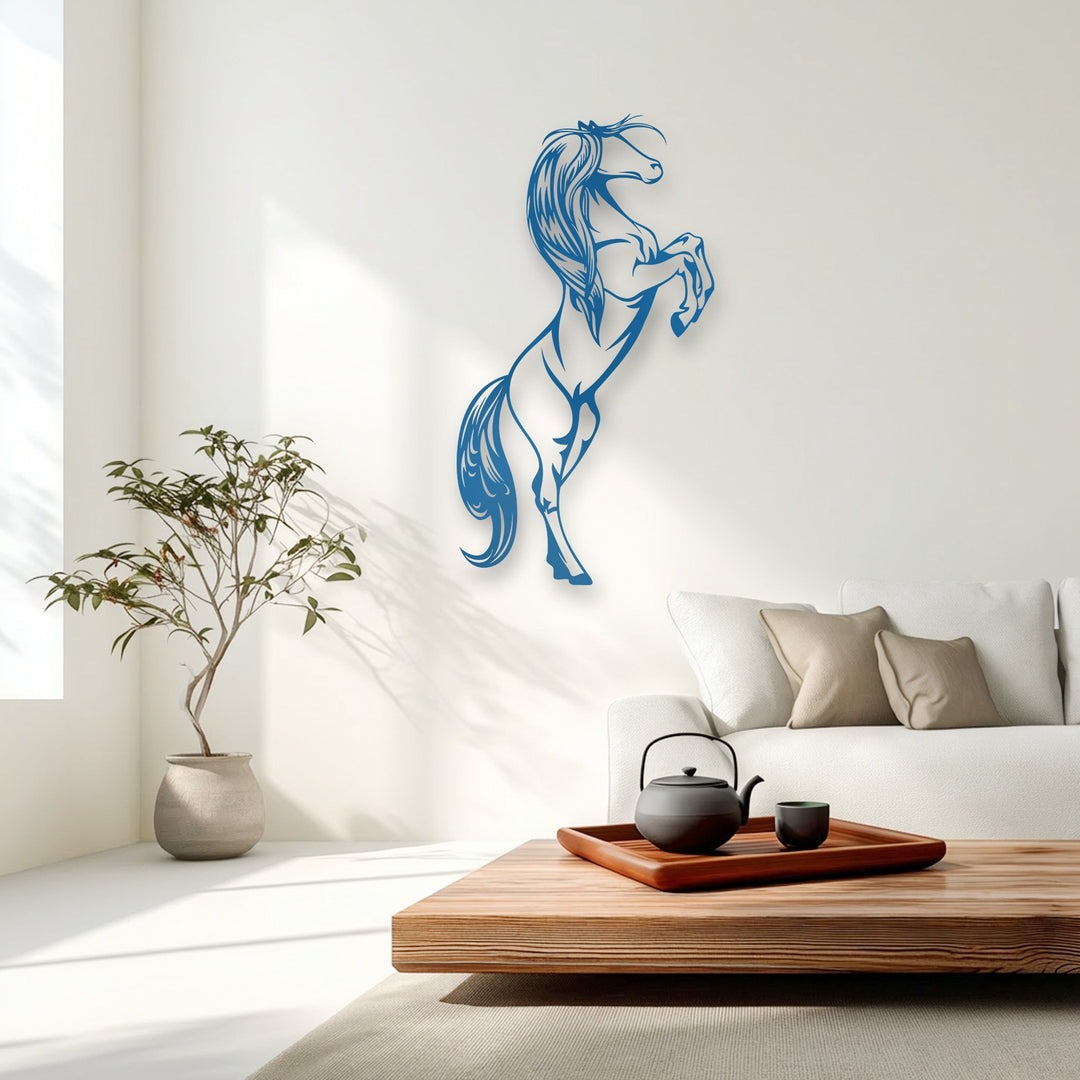 The majestic blue rearing horse metal artwork captures dynamic motion with realistic detail, featuring intricate silhouette lines and a flowing mane.
