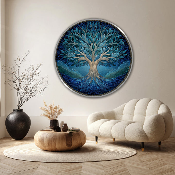 Bold contrasts define this round, wooden-framed oil painting decoration, the 'Azure Life Tree,' with deep azure leaves against the subtle backdrop.