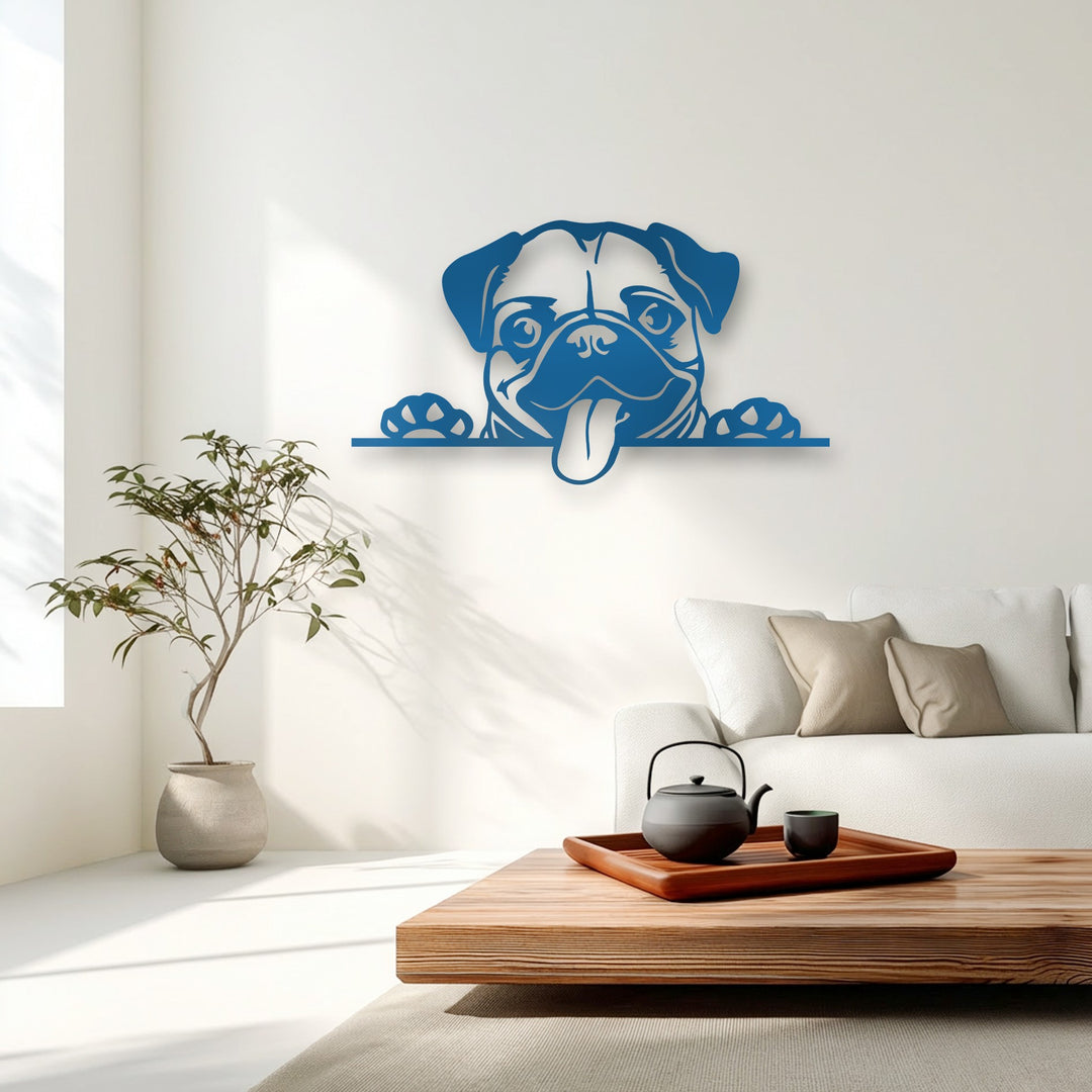 A horizontally oriented and playful pug dog metal artwork silhouette, depicting an azure dog peeking over a line with its tongue out.