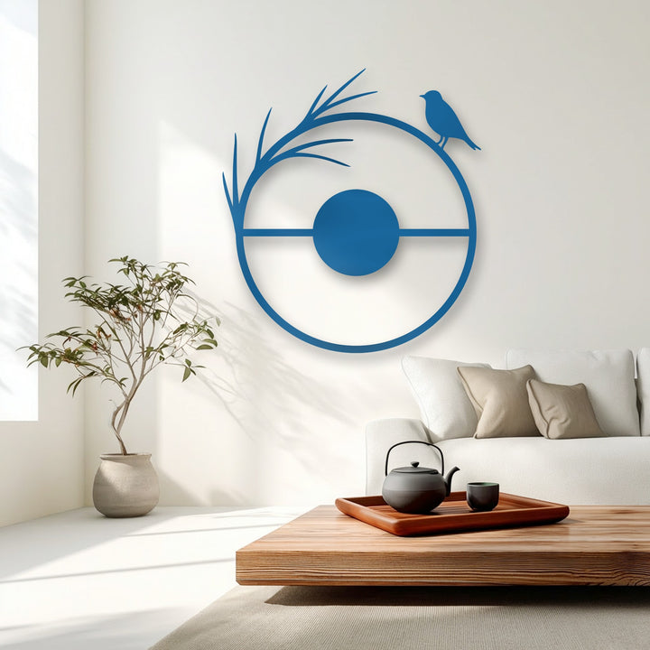A serene and minimalist living room showcasing a striking blue bird circle metal decoration wall art, creating a tranquil atmosphere.