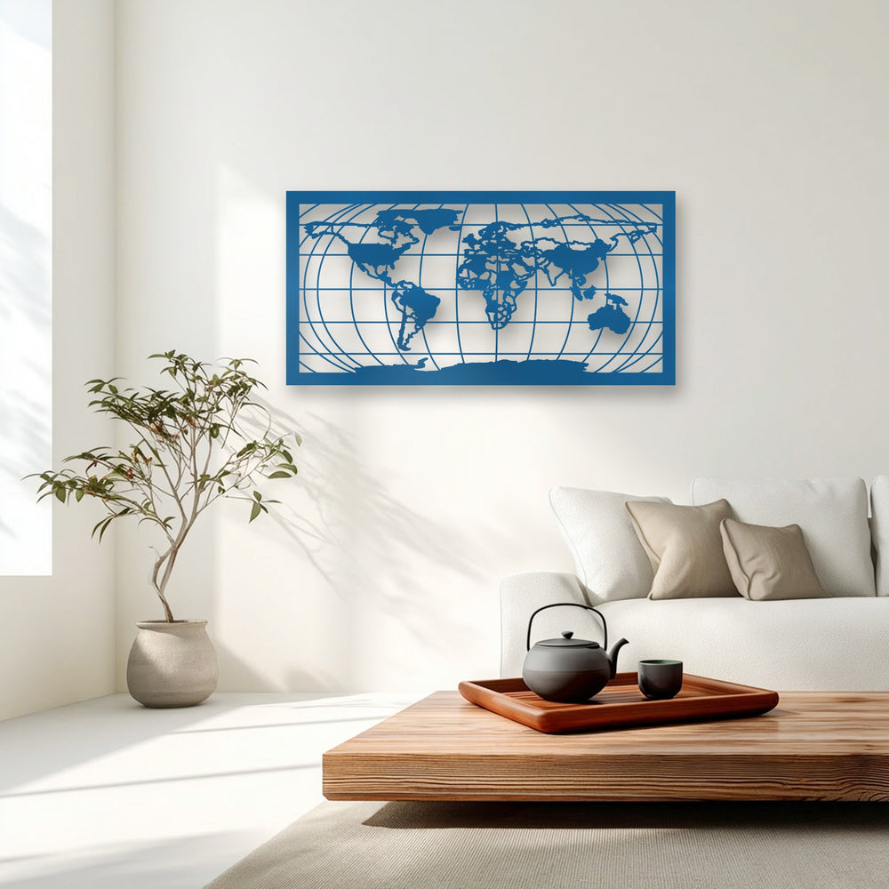 Sunlight creates dramatic patterns of light and shadow around the geometric World Map Grid Silhouette metal art for wall on the pristine wall.