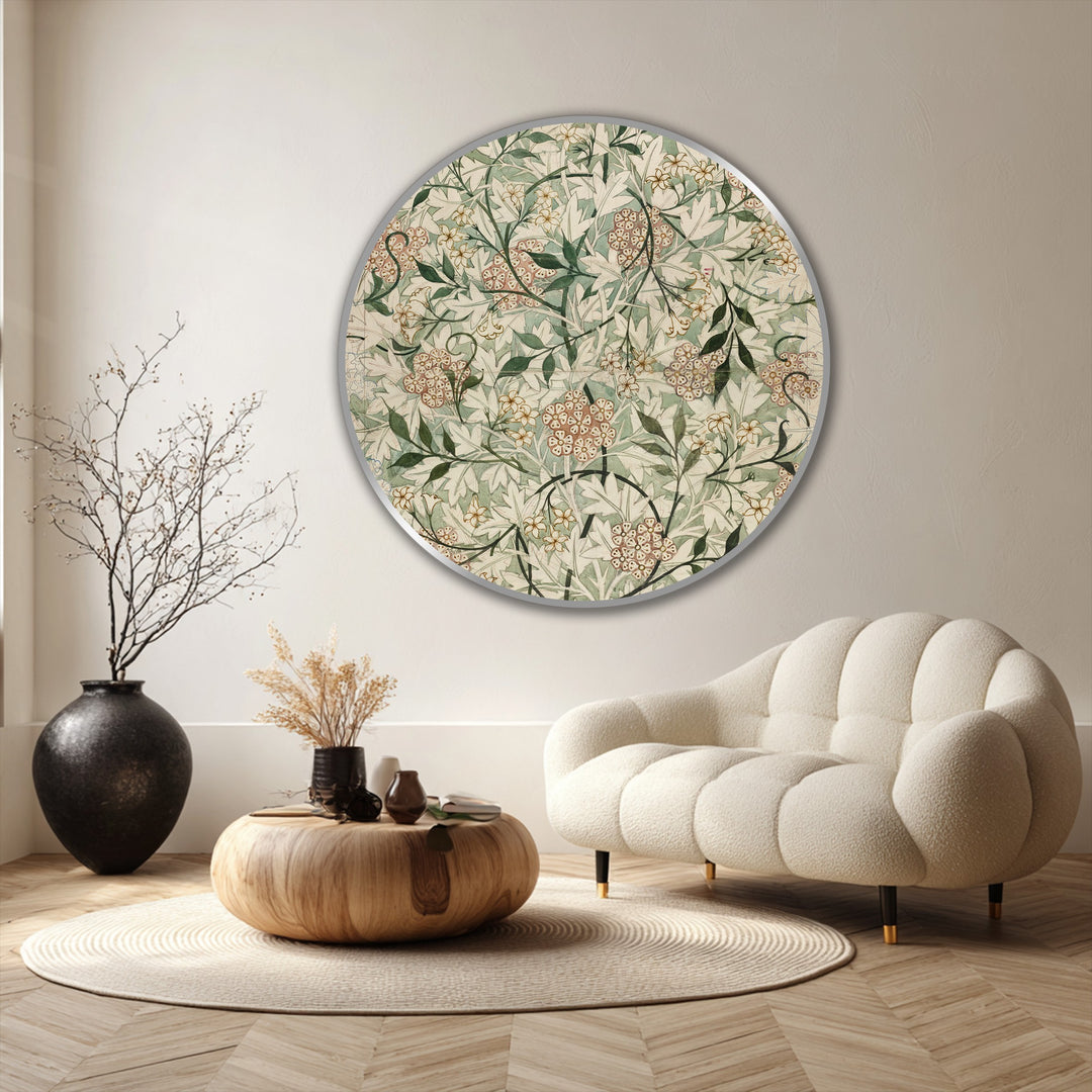 Focusing on the center, this vintage garden elegance oil painting wall art showcases a delicate botanical pattern in a round frame.