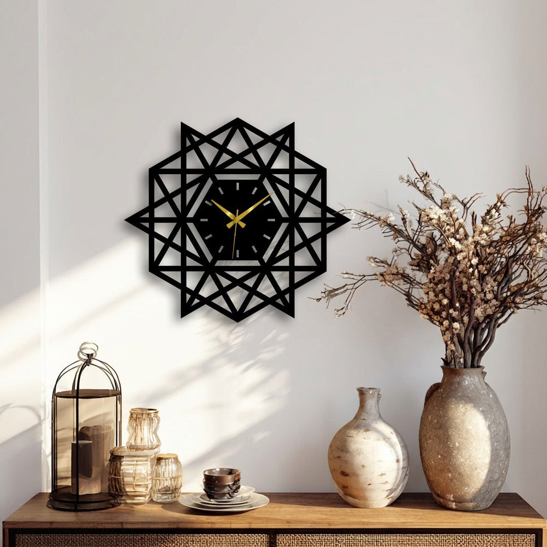 Featuring the abstract quality of a geometric star metal wall clock, the unique metal wall art forms a modern design with interlocking triangles and a central clock face.
