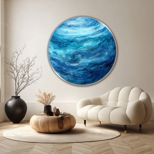 Depicting the mesmerizing transition between rich blues in this round Celestial Ocean Drift oil painting artwork, showcasing dynamic and textured oil painting artwork.
