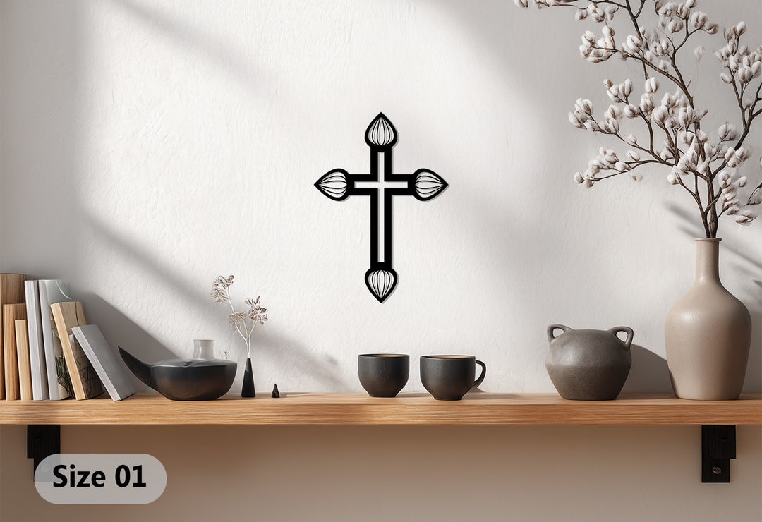 زهرة مقدسة – صليب بتلات فضية فن جداري معدني