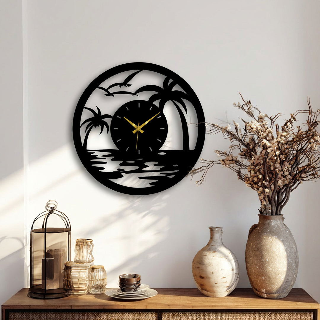 Framed by the distinctive round edge and borders, this tropical sunset metal wall clock adds coastal style and unique decoration wall art to any living space.