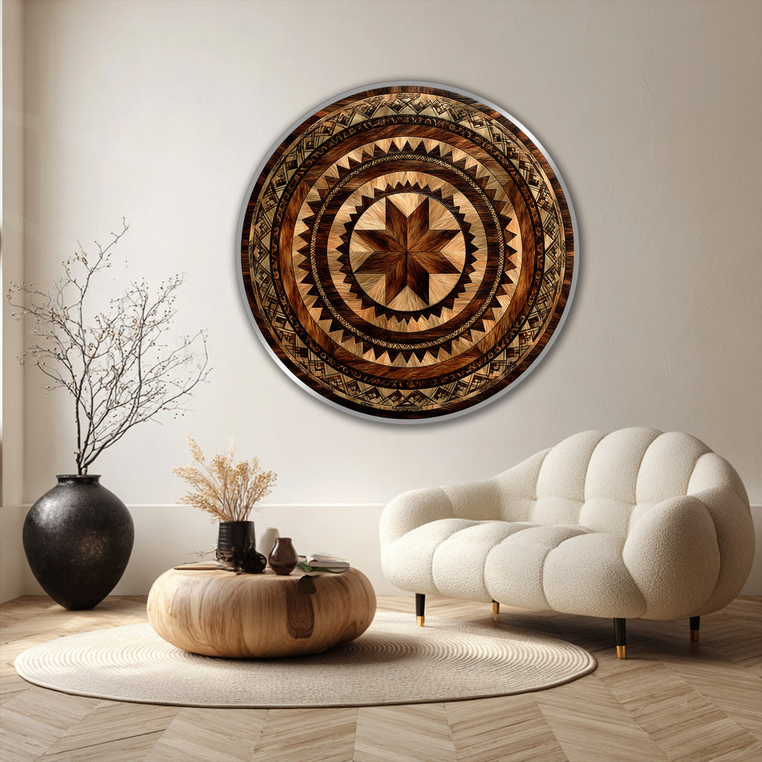 Dominating the room is a round, tribal sunburst mandala rustic geometric oil painting artwork that commands attention with its intricate star design.