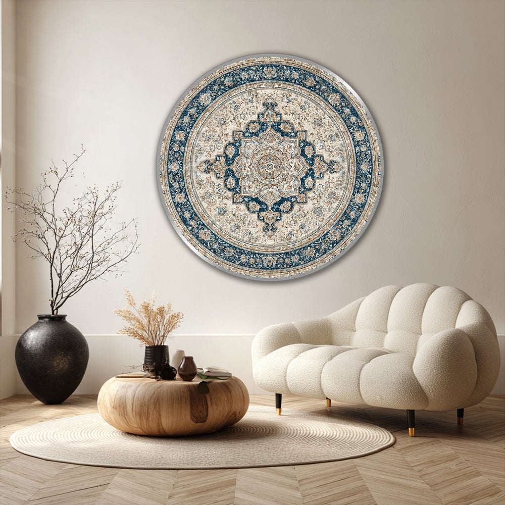 Focal point displaying a captivating round oil painting home decor featuring an Imperial Elegance vintage Persian mandala design with navy and ivory hues.