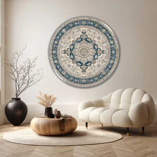 Focal point displaying a captivating round oil painting home decor featuring an Imperial Elegance vintage Persian mandala design with navy and ivory hues.
