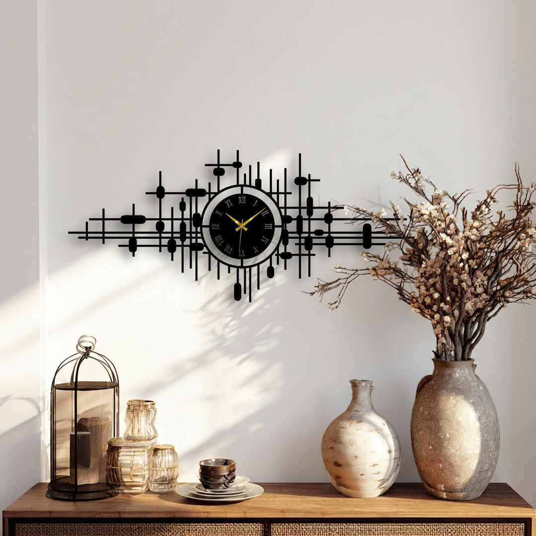 Alternating between solid and linear shapes, the modern abstract grid metal artwork in this wall clock design creates a compelling visual rhythm.