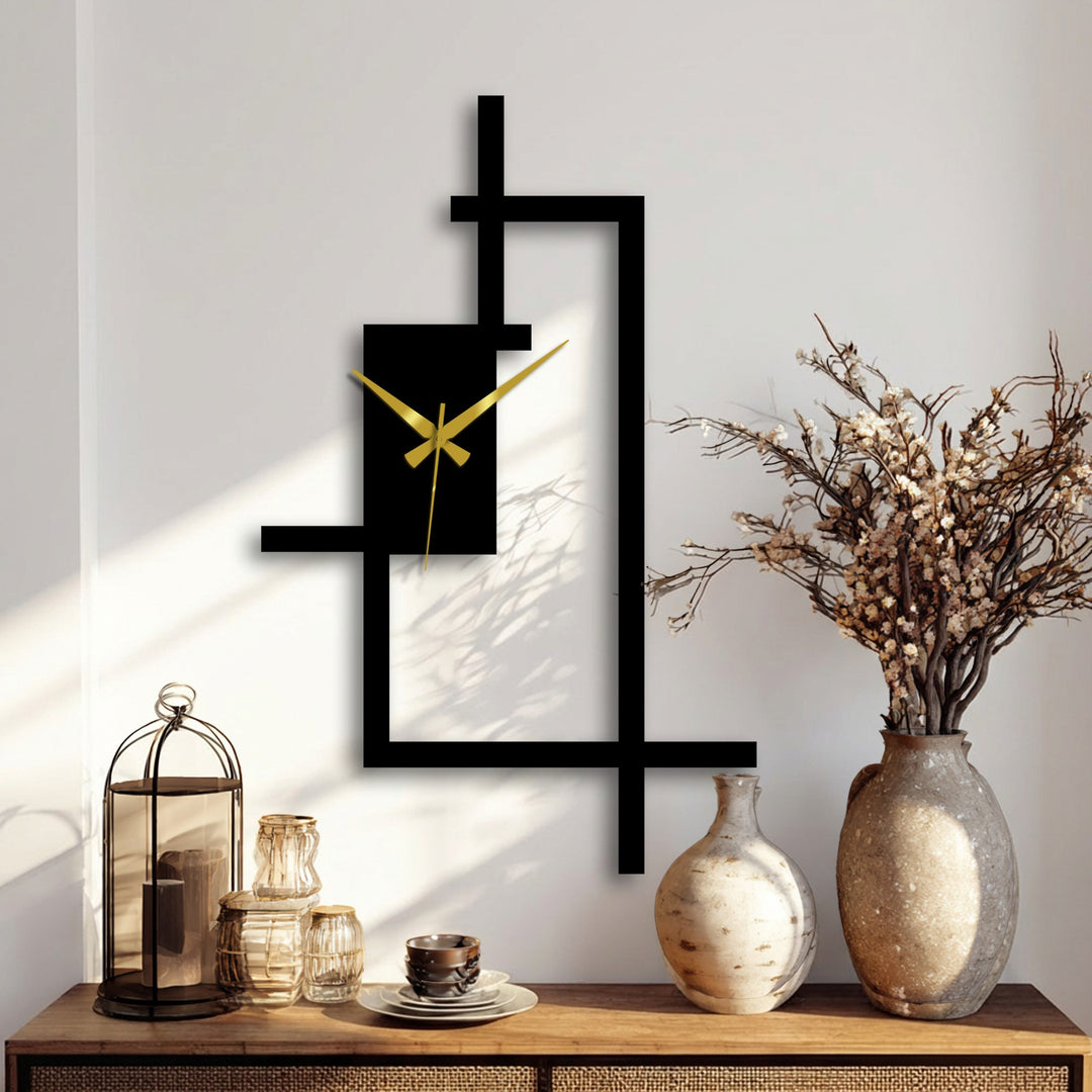 The geometric elements of this abstract line frame metal wall clock create a unique decoration wall art piece with its modern, linear design and gold clock hands.