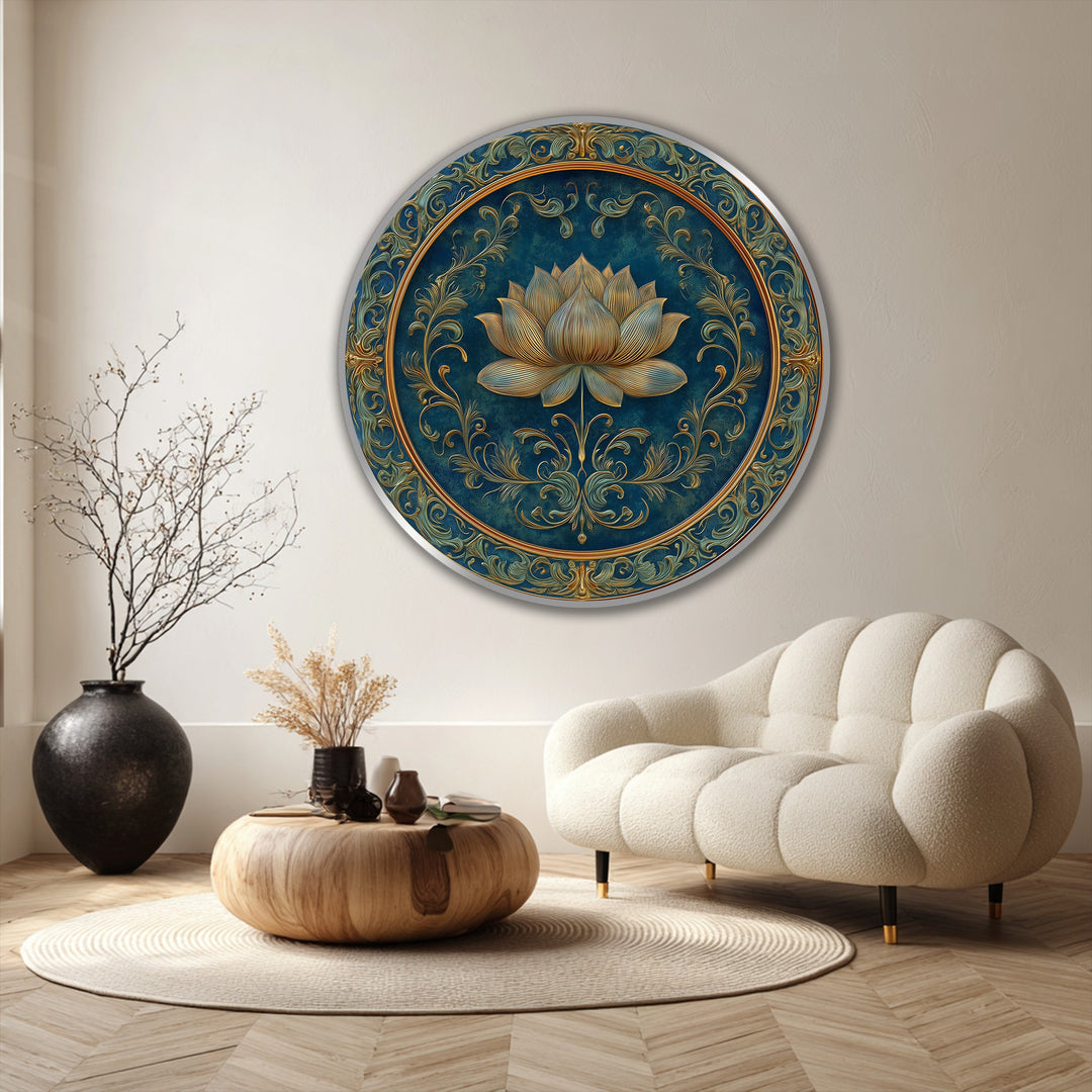 Soft, gentle light illuminates the serene golden lotus modern oil painting art with intricate floral details, creating a luxurious, round wall art piece.
