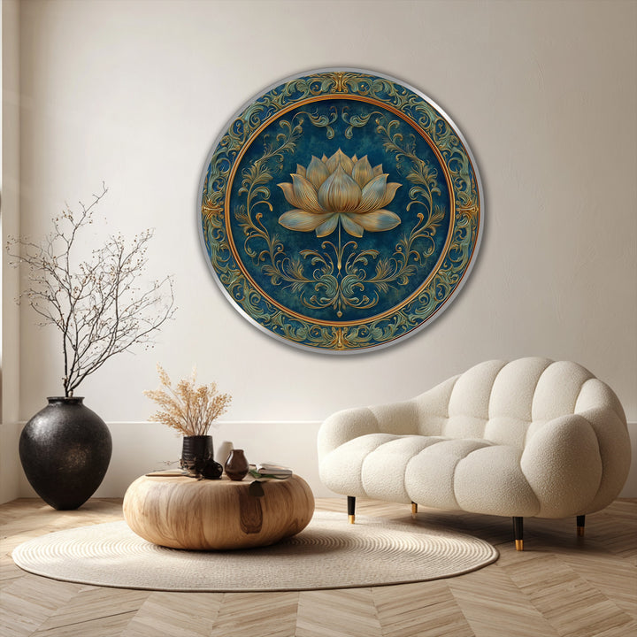 Soft, gentle light illuminates the serene golden lotus modern oil painting art with intricate floral details, creating a luxurious, round wall art piece.