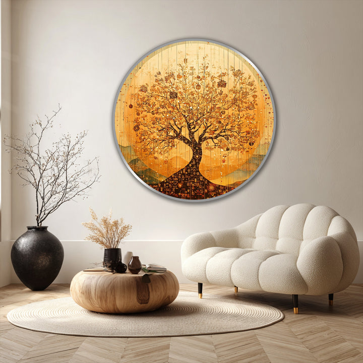 Framed by a thin, silver edge, this round oil painting decoration features an 'Eternal Radiance – Golden Tree of Life,' creating a captivating visual border.