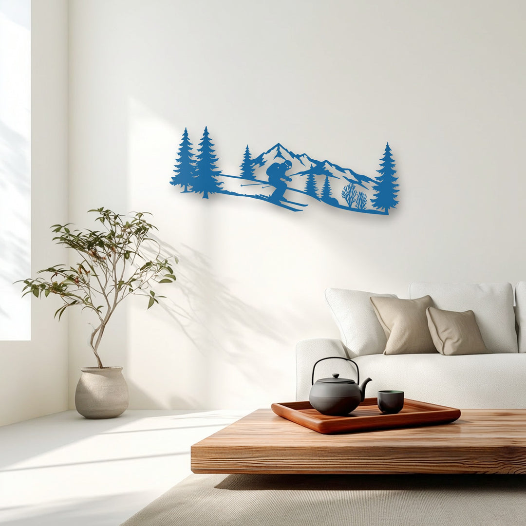 Angular peaks and conical trees define the striking geometric elements of this alpine skier decorative metal art.